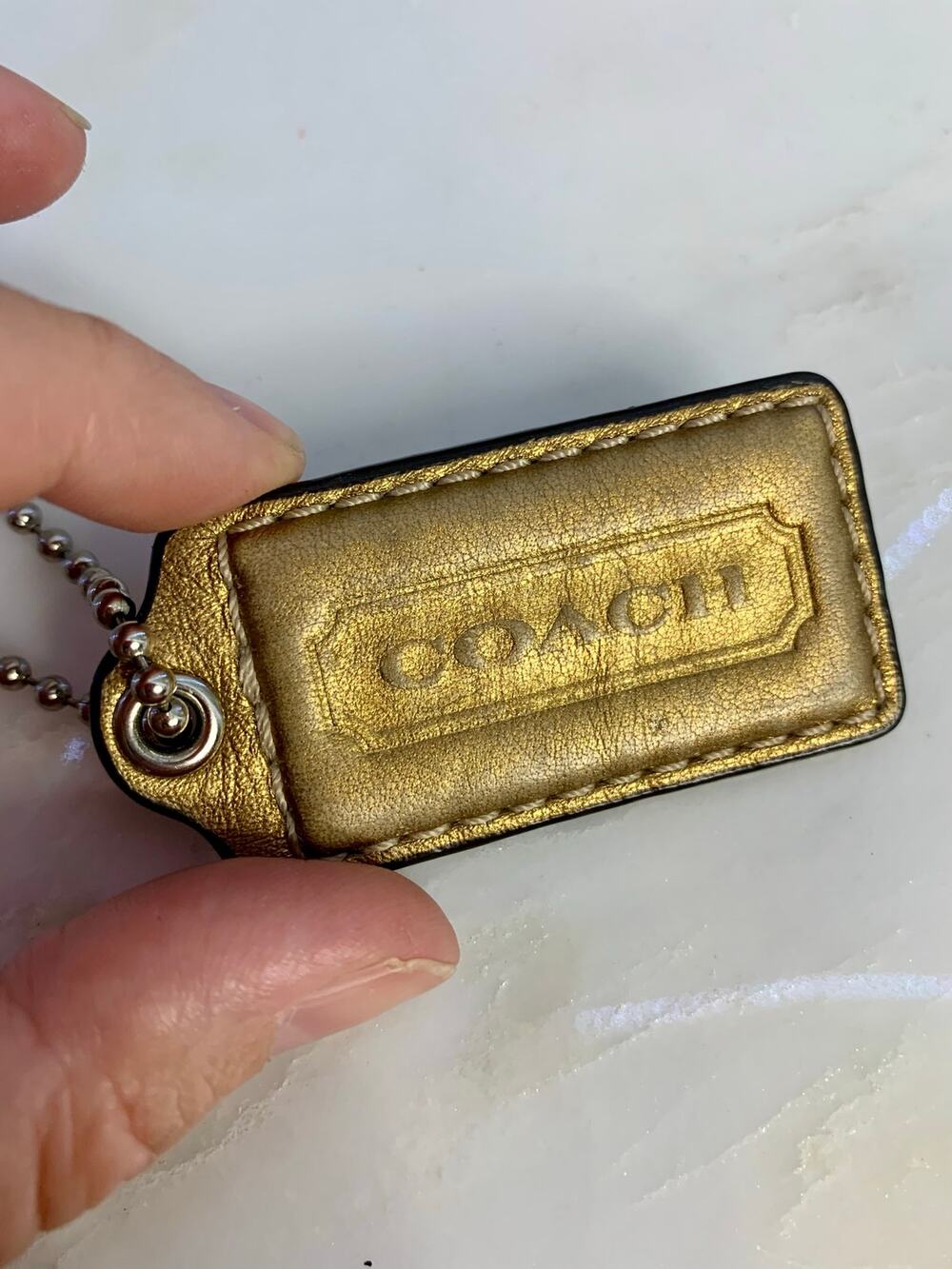 Large Coach Gold Metallic Leather Hangtag Bag Charm 2.5" Purse Charm Keychain